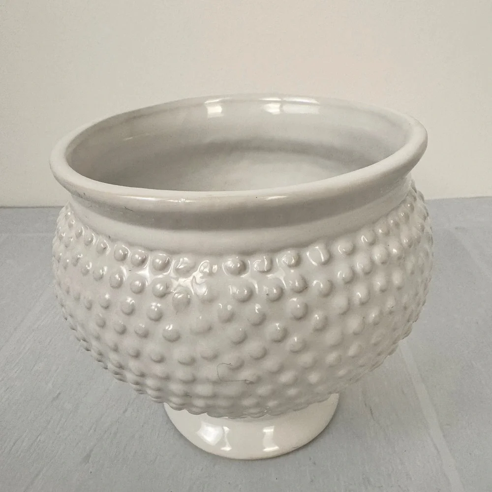 White Ceramic Hobnail Planter Pot Pedestal Base Textured Boho Decor